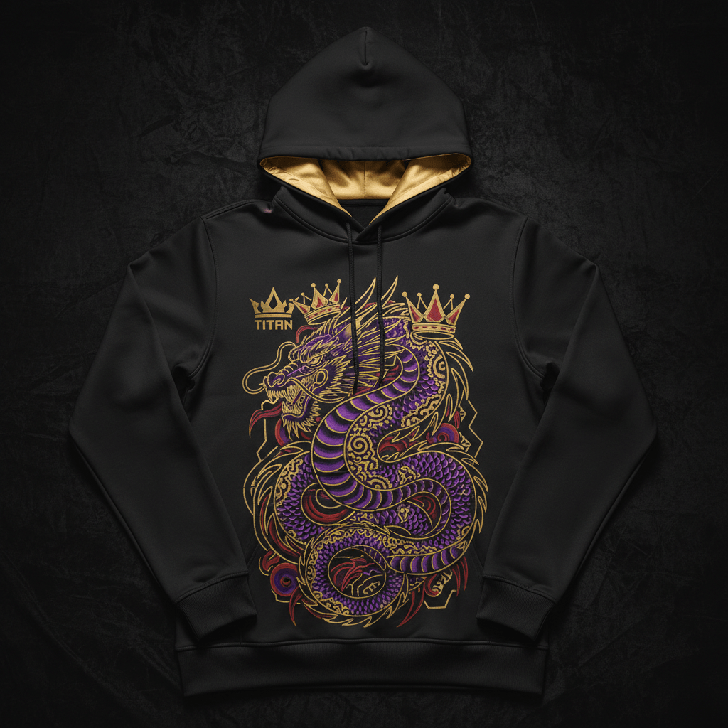 Black hoodie with gold-lined hood, featuring a detailed purple and gold dragon graphic with crowns and Titan logo.