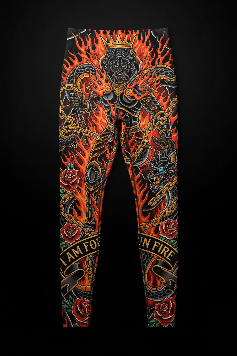 Titan Sport leggings featuring a flaming king, dragons, and roses with the motivational quote "I am forged in fire."