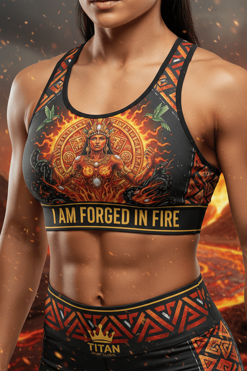Titan Sport Global sports bra with Aztec-inspired goddess print and "I AM FORGED IN FIRE" motivational text.
