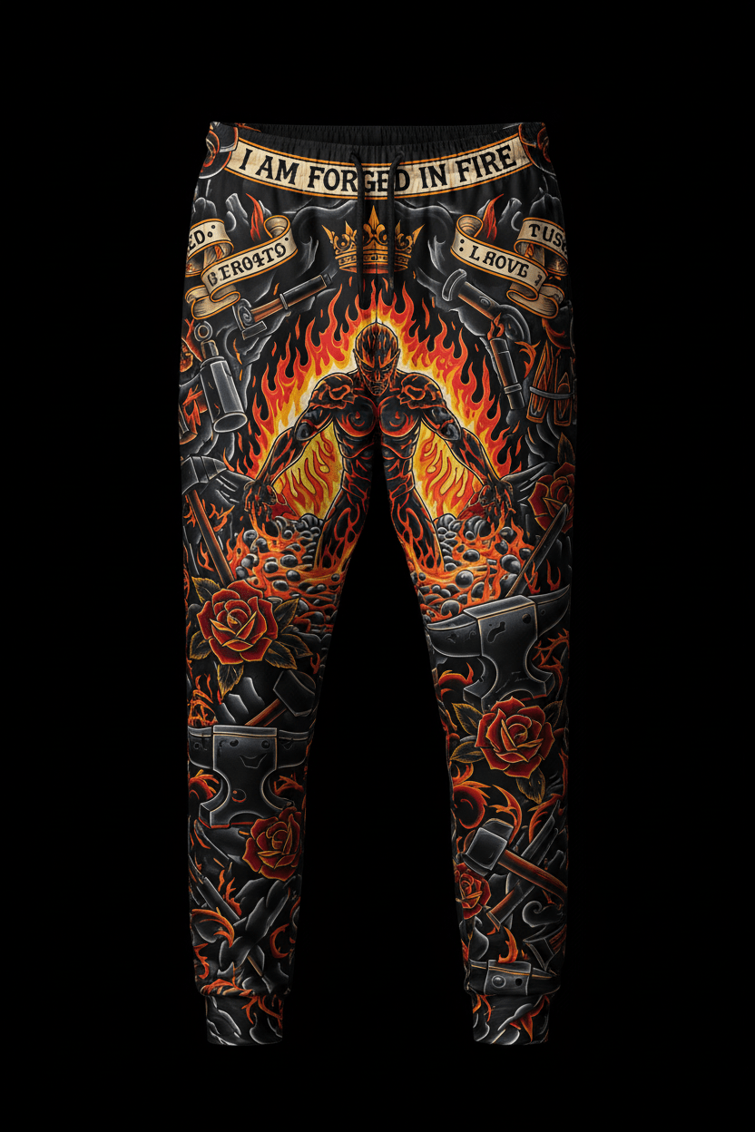 Black joggers featuring "I Am Forged in Fire" text, a fiery central figure, anvils, and roses. Motivational design.