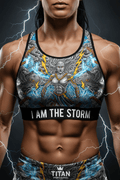 Titan Sport Global sports bra with Norse storm goddess print and "I AM THE STORM" text on a black elastic band.