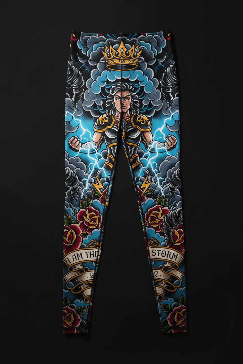 Titan Sport leggings with “I Am The Storm” graphic, featuring a warrior, crown, lightning, and roses.