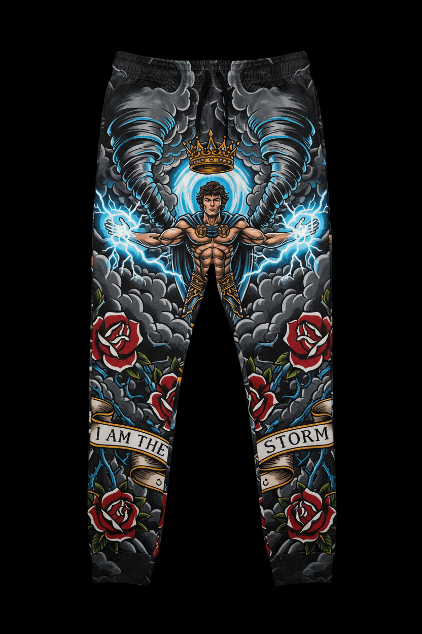 Titan Sport joggers featuring a storm god graphic with roses and the motivational quote "I AM THE STORM."