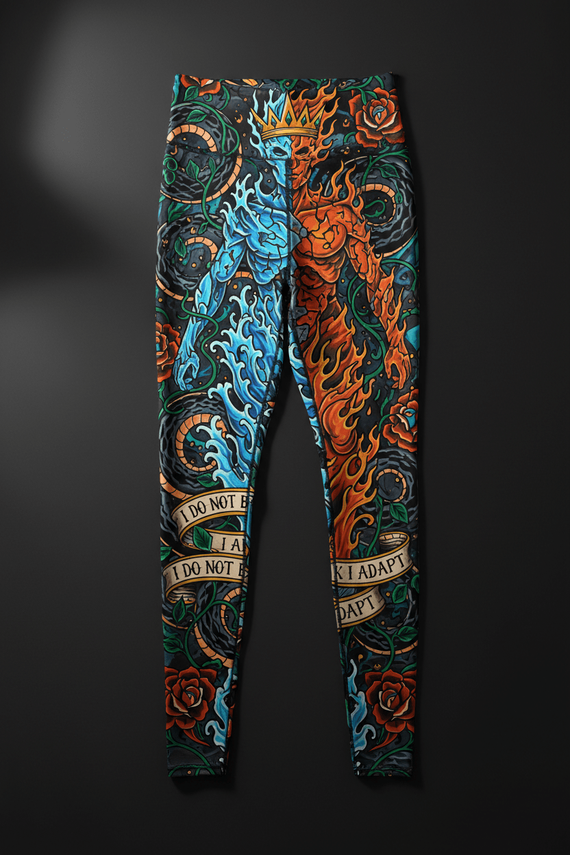 Titan Sport leggings featuring fire/ice figures, floral art, and the motivational motto: "I do not break, I adapt."