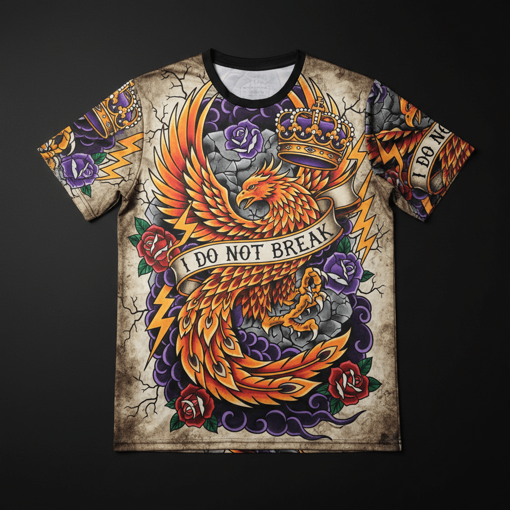 Titan Sport crewneck tee featuring a phoenix, crown, and roses with the motivational text: "I DO NOT BREAK."