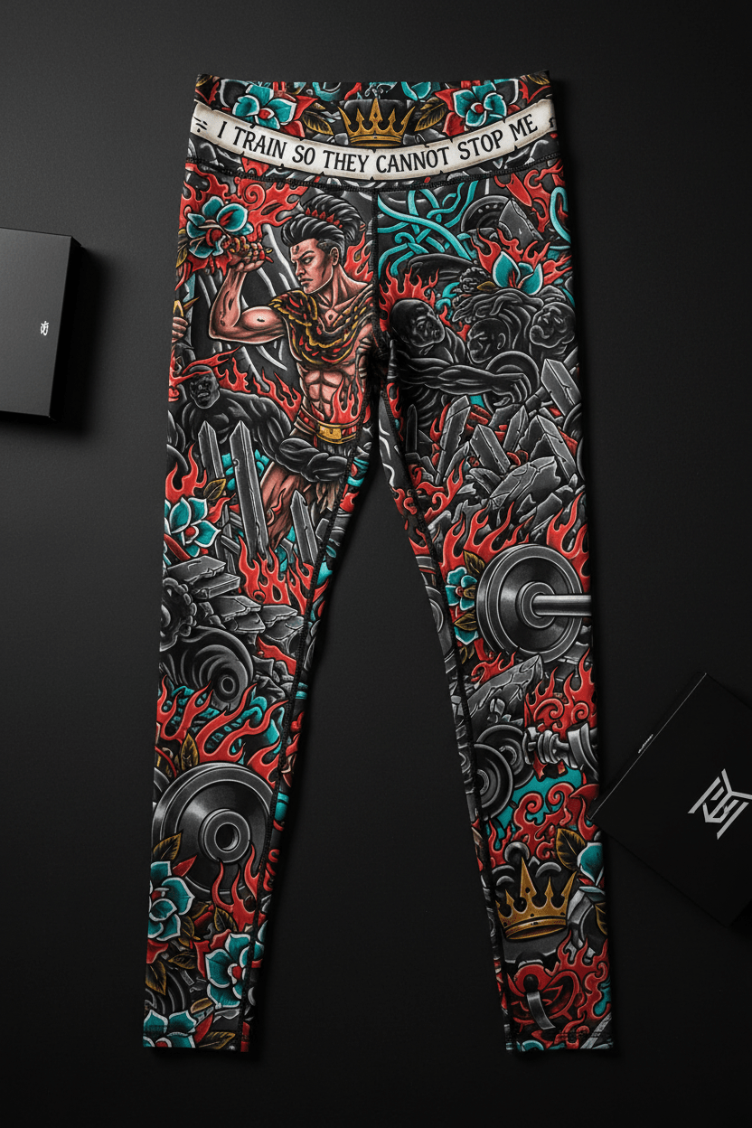 Titan Sport leggings with warrior, barbell, and flame graphics. Waistband reads, "I train so they cannot stop me."