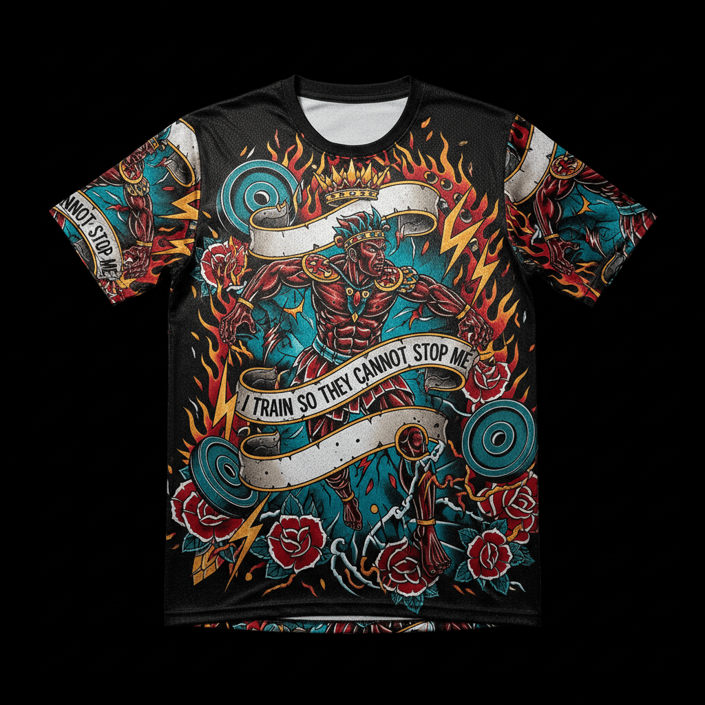 Titan Sport Global t-shirt featuring tattoo-style art of a muscular warrior, gym weights, roses, and motivational text.