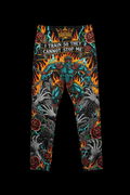 Titan Sport sweatpants with "I Train So They Cannot Stop Me" text, fiery warrior graphic, chains, and rose accents.