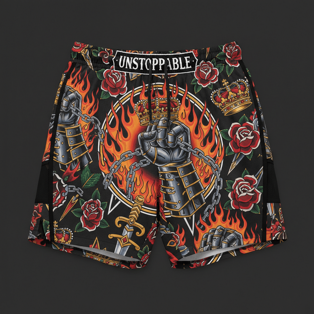 Titan Sport shorts featuring "UNSTOPPABLE" text, flaming armored fists with chains, crowns, and roses print.