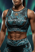 Titan Sport crop top featuring a Viking warrior graphic, "I WIN OR I LEARN" text, and Norse-inspired patterns.
