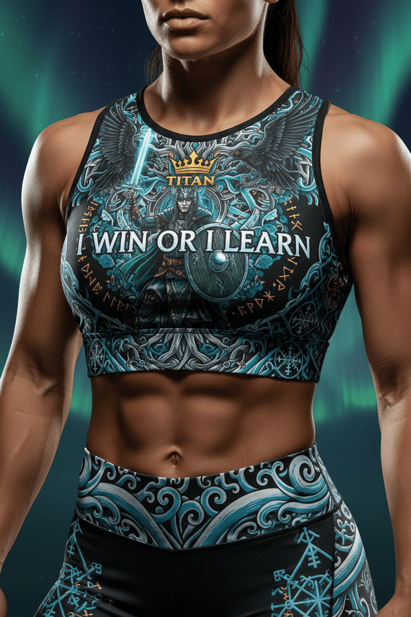 Titan Sport crop top featuring a Viking warrior graphic, "I WIN OR I LEARN" text, and Norse-inspired patterns.