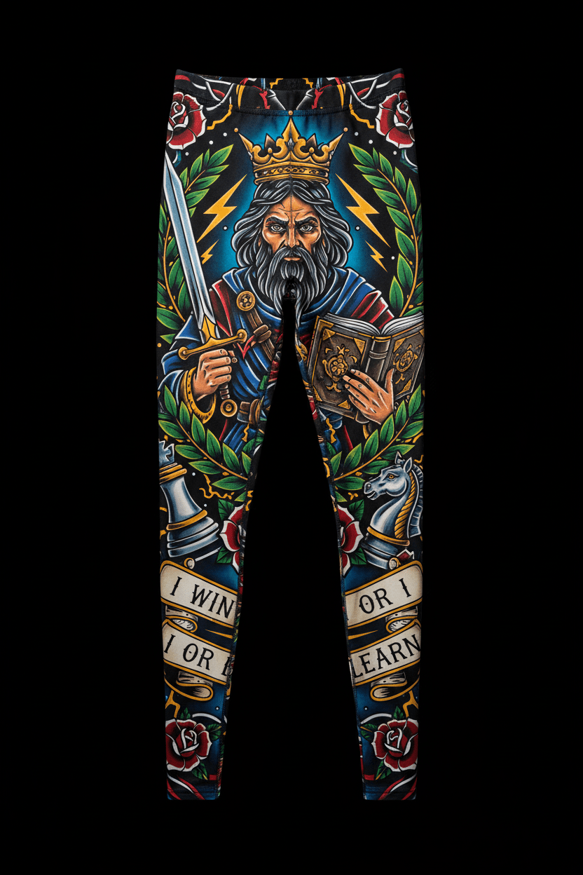 Black leggings featuring a king, sword, and chess pieces with the motivational text: "I win or I learn."