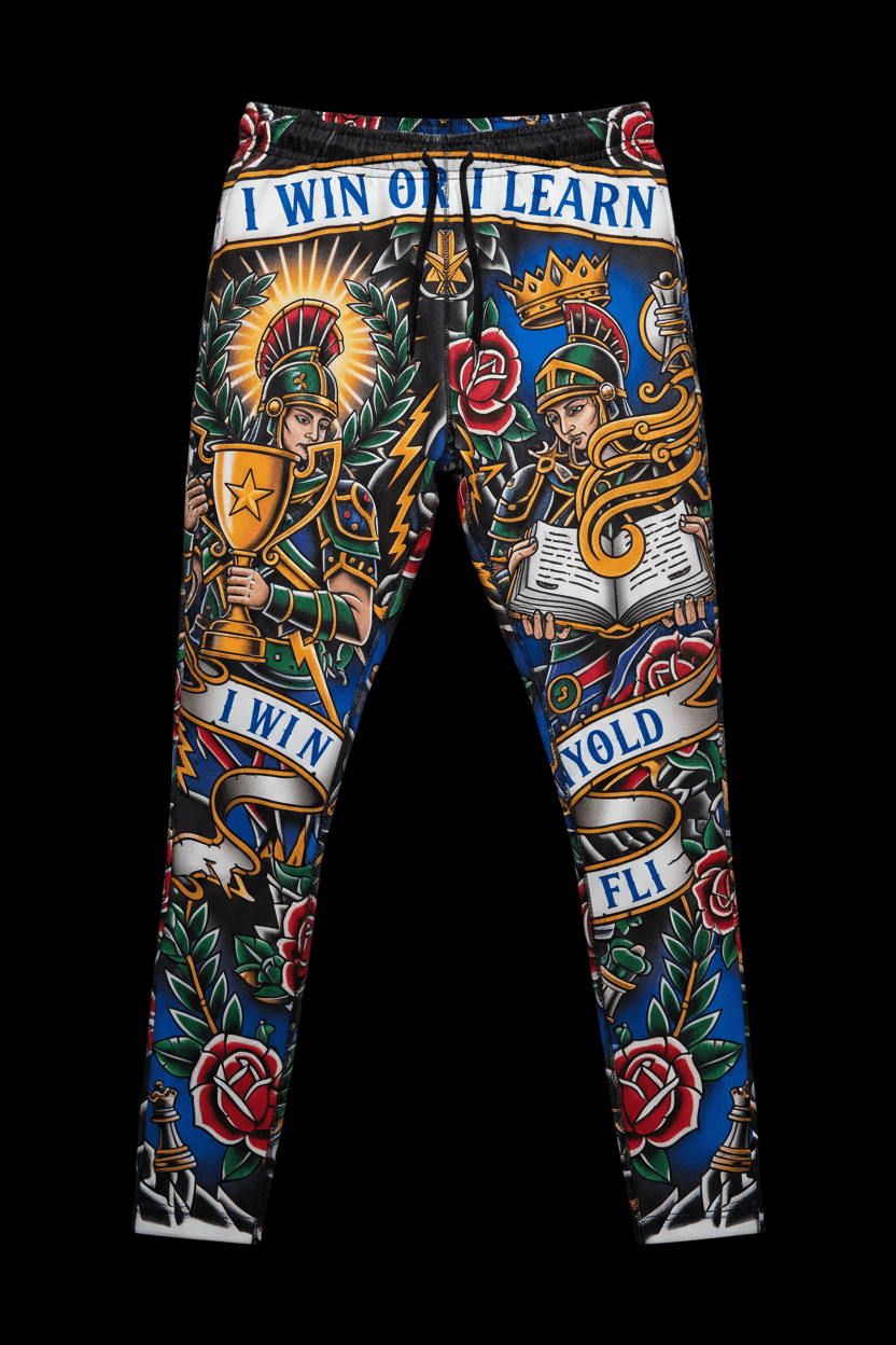 Titan Sport joggers with "I Win or I Learn" text, featuring neo-traditional tattoo art of gladiators, trophies, and roses.