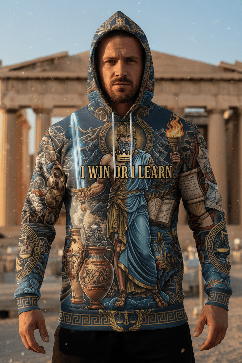 Titan Sport Global hoodie featuring Greek warrior art, torch, sword, and the motivational quote "I WIN OR I LEARN."