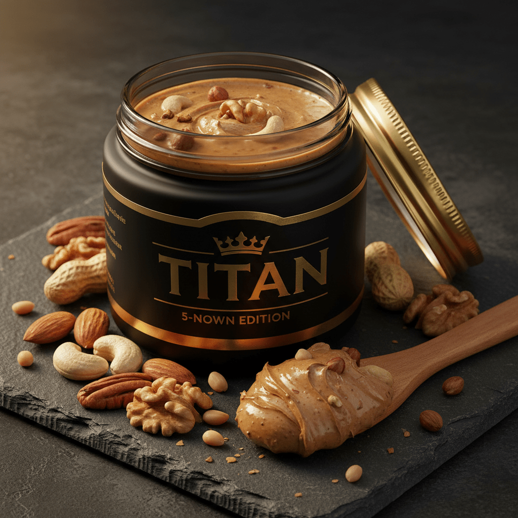 TITAN Mixed Nut Butter 5-Nut Blend Crown Edition — premium wide-mouth black glass jar product shot
