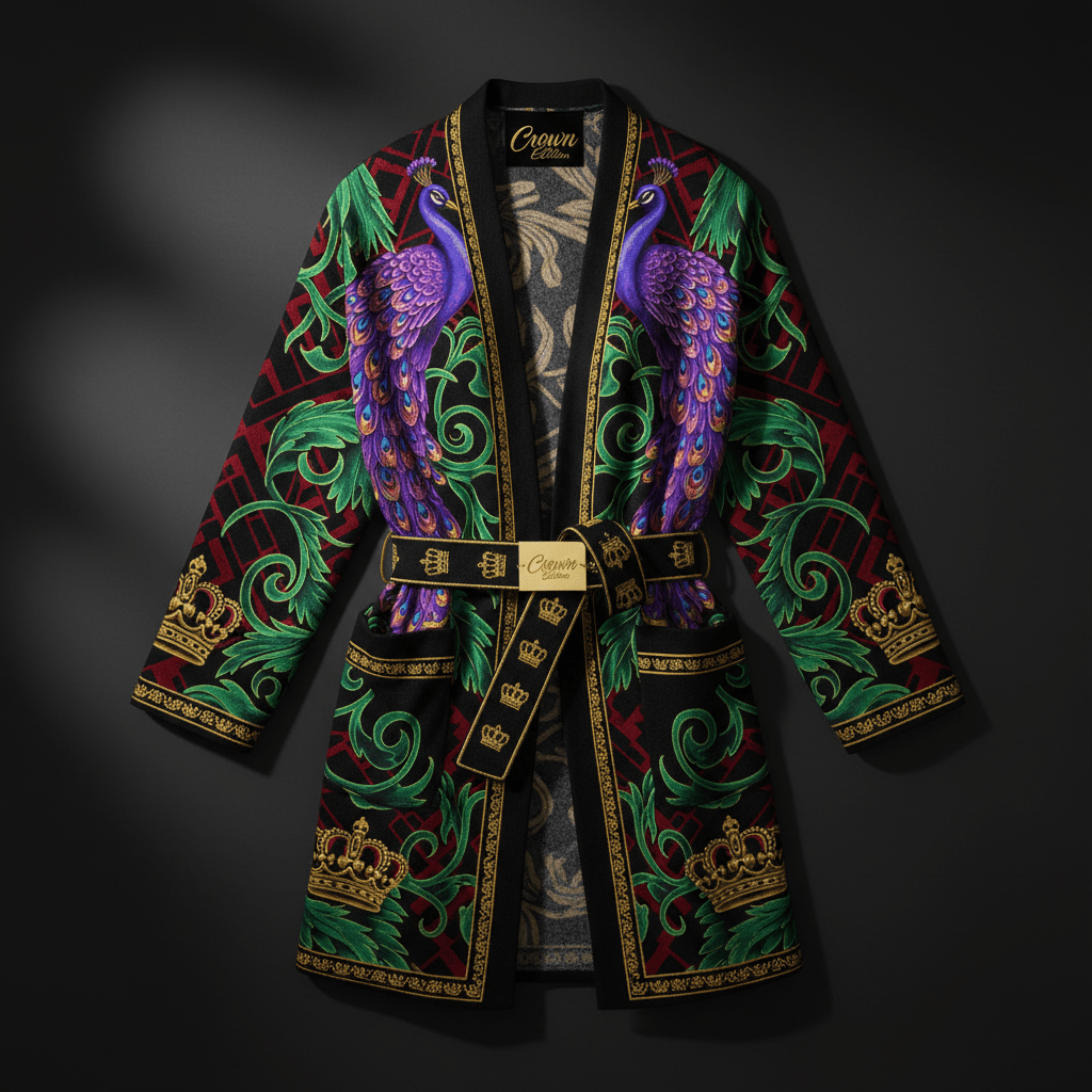 TITAN Crown Edition Tattoo Art Women's Belted Lounge Cardigan - bold peacock vine tattoo artwork on matte black ribbed knit