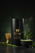 TITAN Matcha Protein Powder Ceremonial Grade — serene Japanese tea ceremony canister with bamboo whisk, ceramic matcha bowl, jade green powder and bamboo leaves