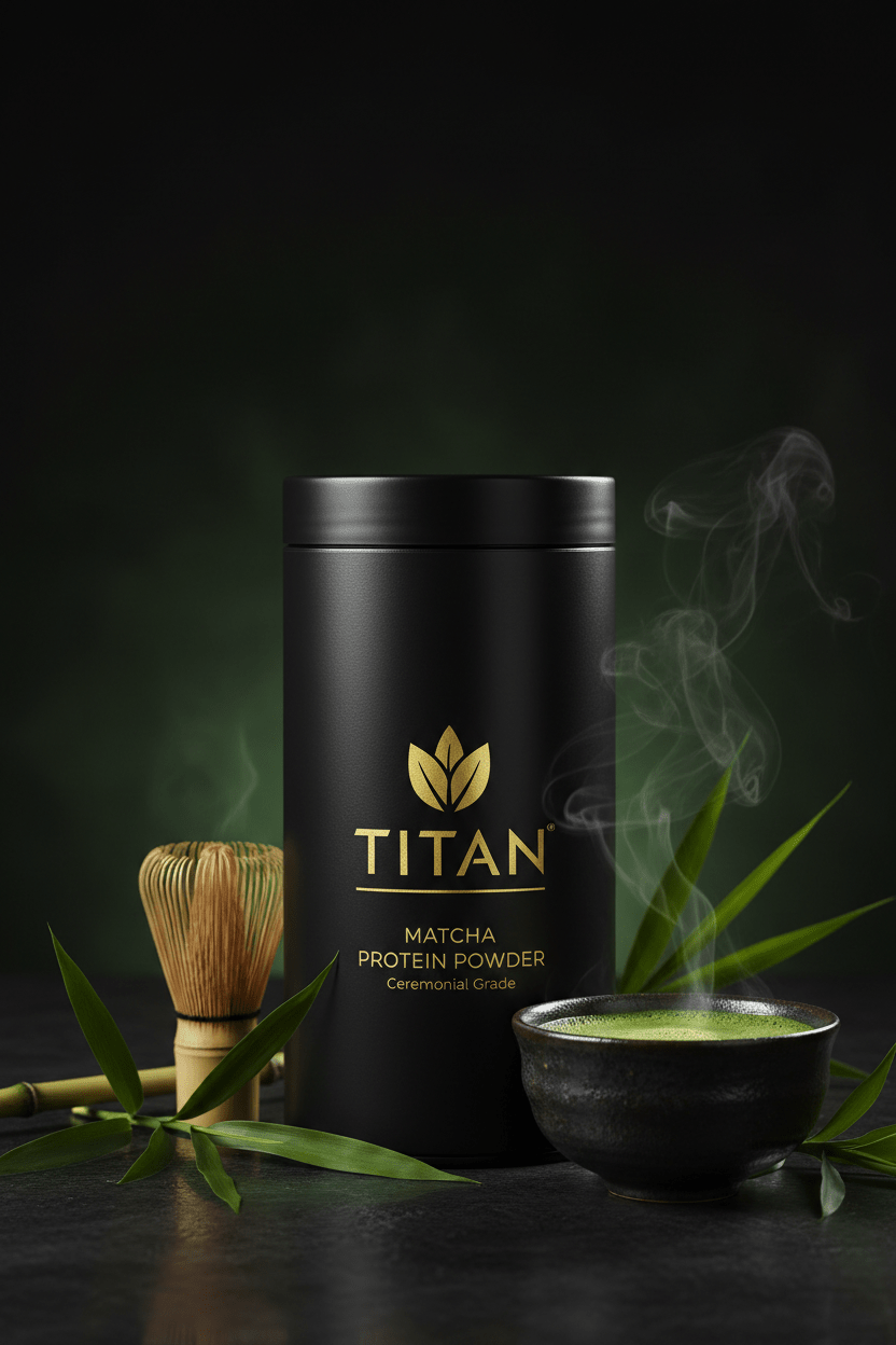 TITAN Matcha Protein Powder Ceremonial Grade — serene Japanese tea ceremony canister with bamboo whisk, ceramic matcha bowl, jade green powder and bamboo leaves