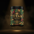 TITAN Whey Protein Chocolate Peanut Butter container with cocoa pods, peanut vines and crown tattoo-style Crown Edition artwork in chocolate brown, gold and crimson