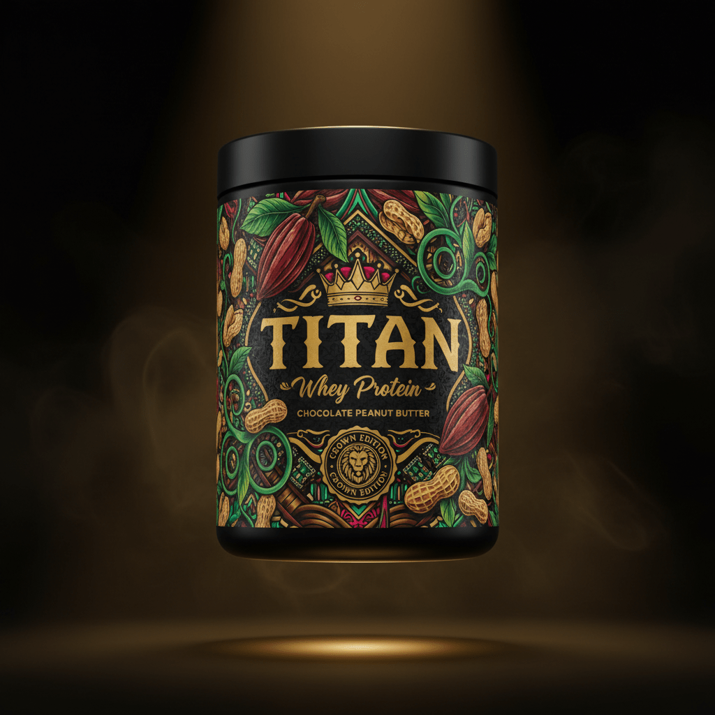 TITAN Whey Protein Chocolate Peanut Butter container with cocoa pods, peanut vines and crown tattoo-style Crown Edition artwork in chocolate brown, gold and crimson