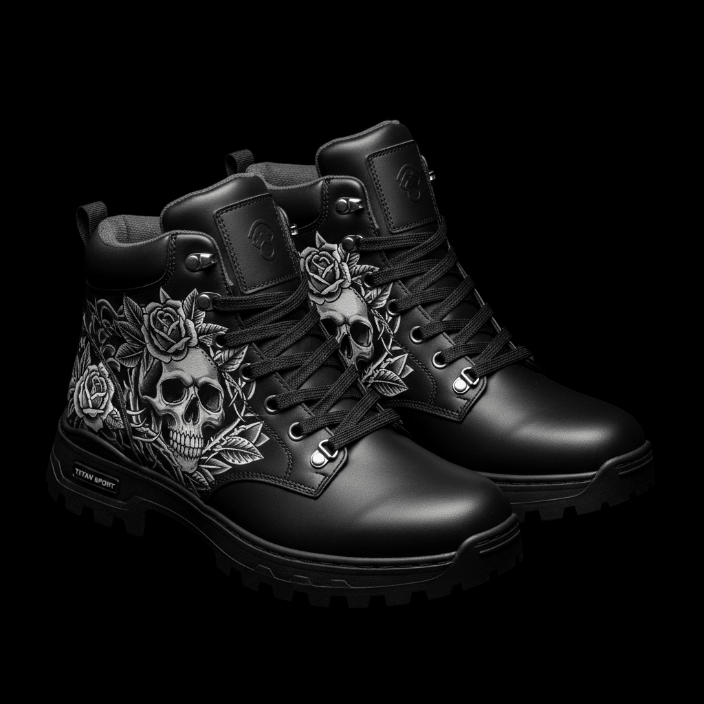 TITAN Hiking Boot — Skull & Roses Pitch Black Tattoo Edition