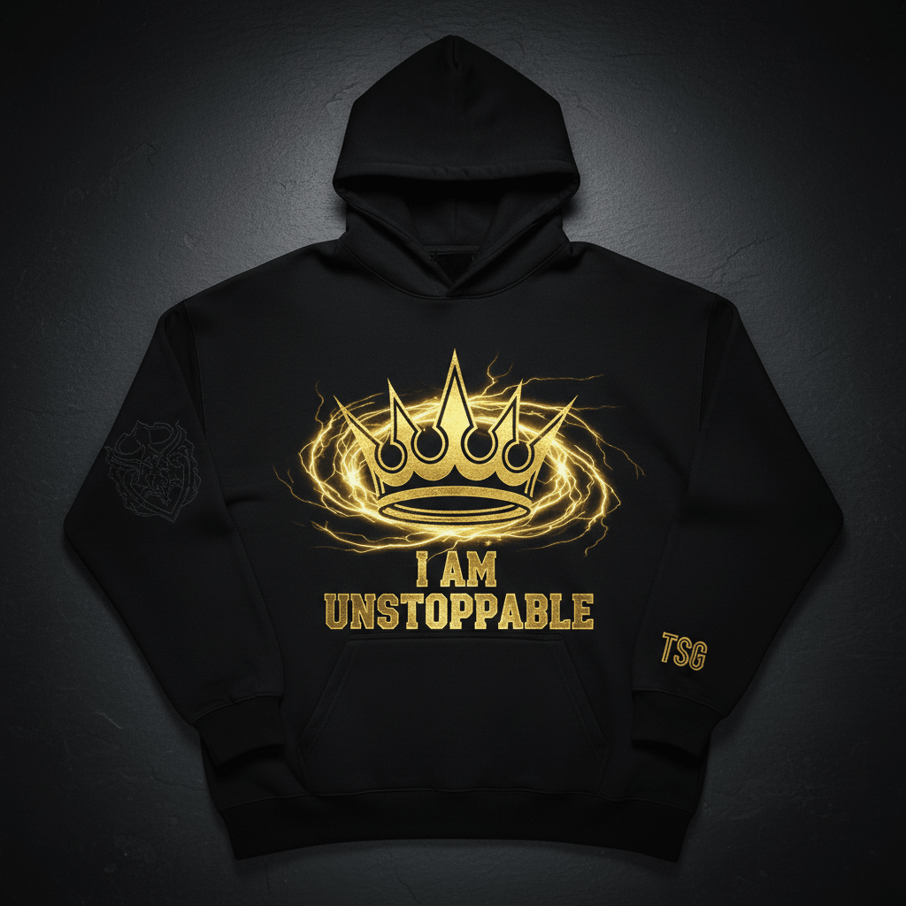 TITAN I Am Unstoppable Oversized Hoodie Lightning Aura Crown Edition black gold warrior streetwear