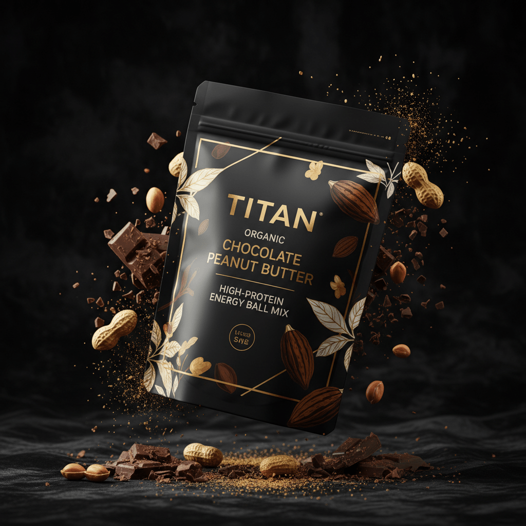 TITAN Organic High-Protein Energy Ball Mix Chocolate Peanut Butter — ultra-premium luxury editorial product shot