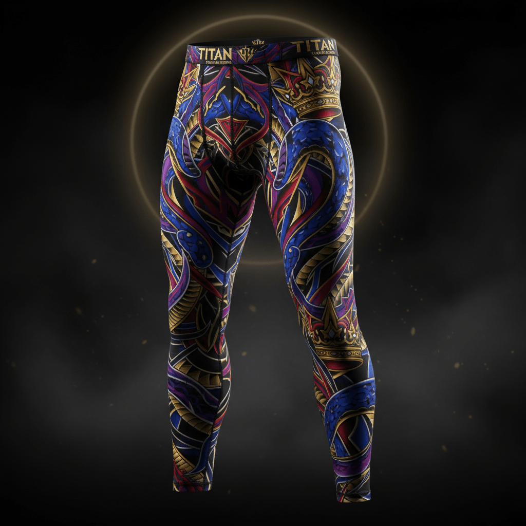 TITAN Men's Compression Tights with serpent, crown and tribal tattoo-style Crown Edition artwork in royal blue, crimson and gold on matte black compression fabric