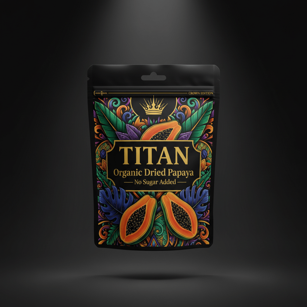 TITAN Organic Dried Papaya — No Sugar Added, Crown Edition tattoo-style artwork