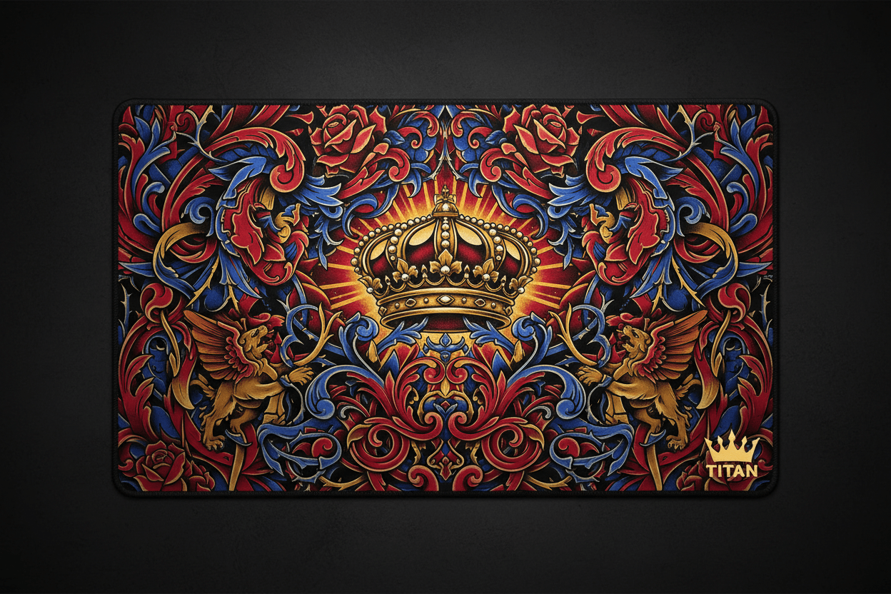 TITAN Printed Mousepad — Oversized XL with bold tattoo-style crown artwork in crimson and royal blue