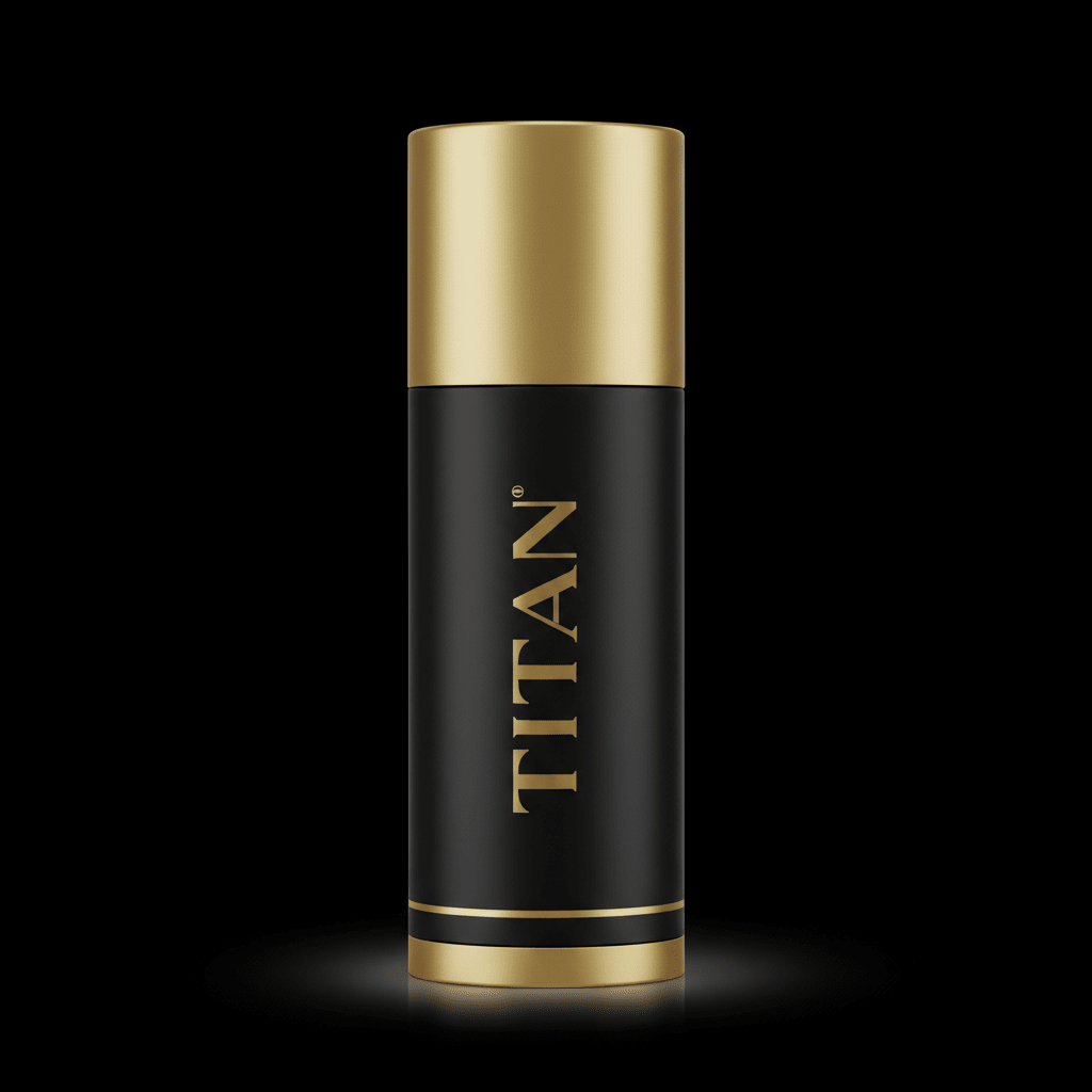 Matte black TITAN deodorant stick with a gold cap, base, and vertical gold logo branding against a black background.