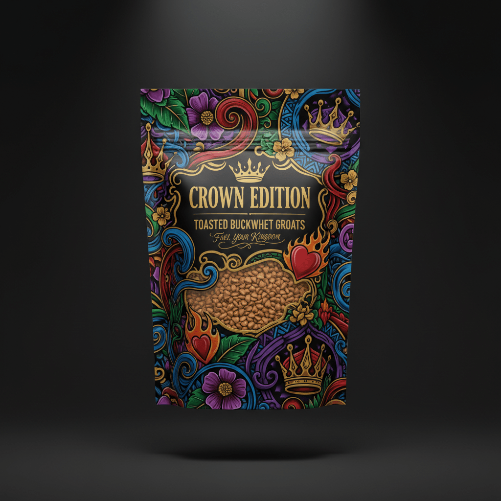TITAN Organic Buckwheat Groats Toasted — Crown Edition bold tattoo-style artwork