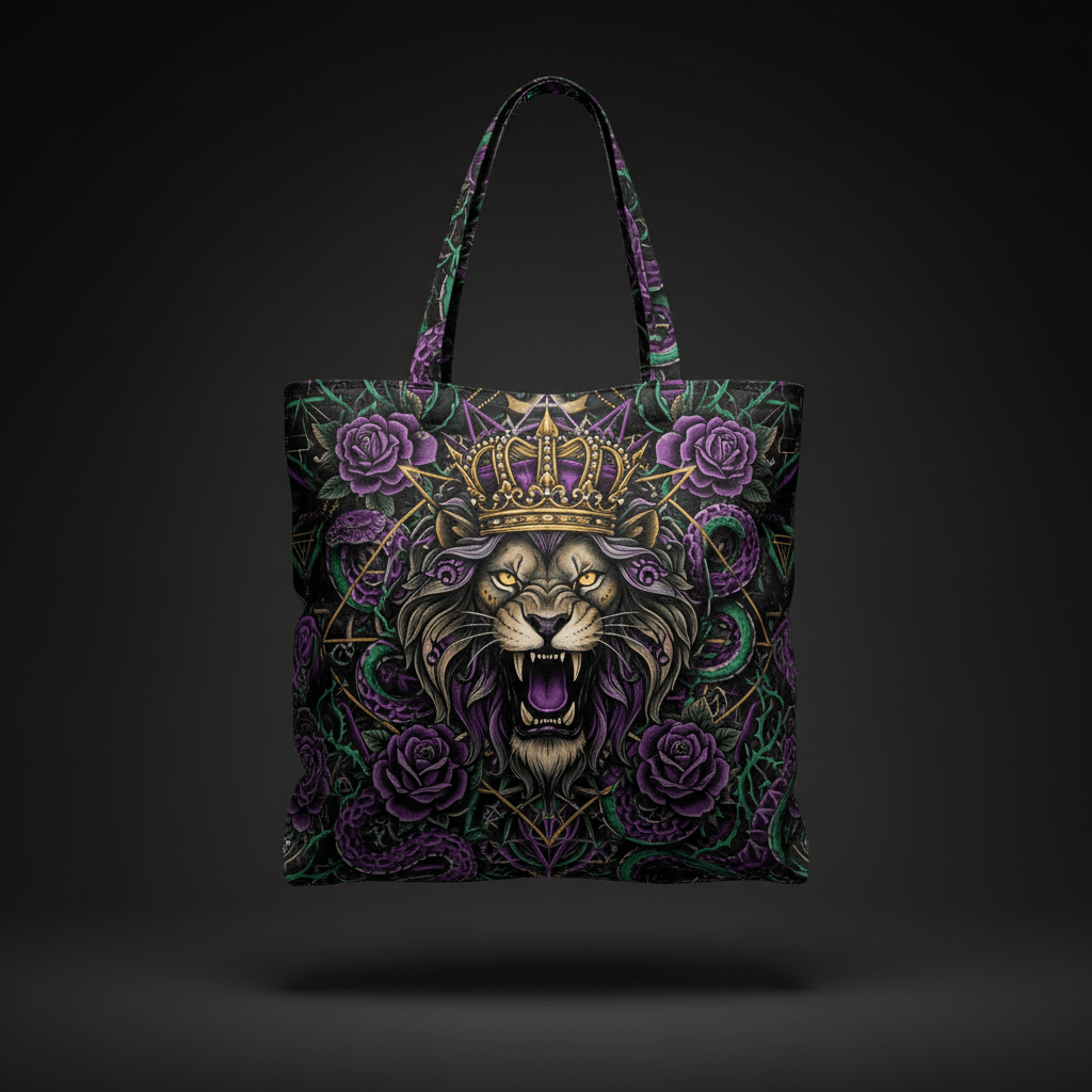 TITAN Printed Tote Bag Large — Lion Crown tattoo-style artwork in purple and emerald green