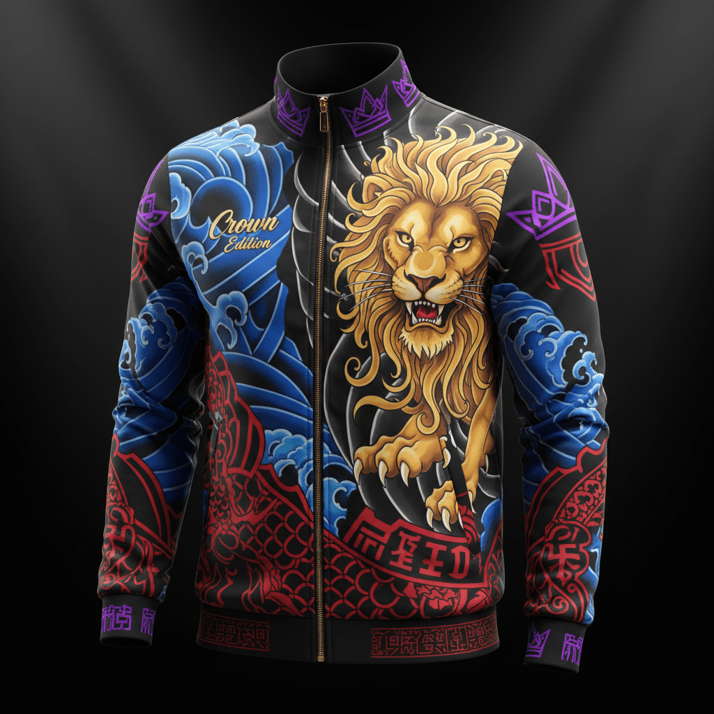 TITAN Crown Edition Tattoo Art Men's Lounge Track Jacket - bold colorful tattoo artwork on matte black performance fabric