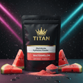 TITAN Electrolyte Hydration Powder Watermelon — Matte black bag with gold crown, pink powder and fresh watermelon slices