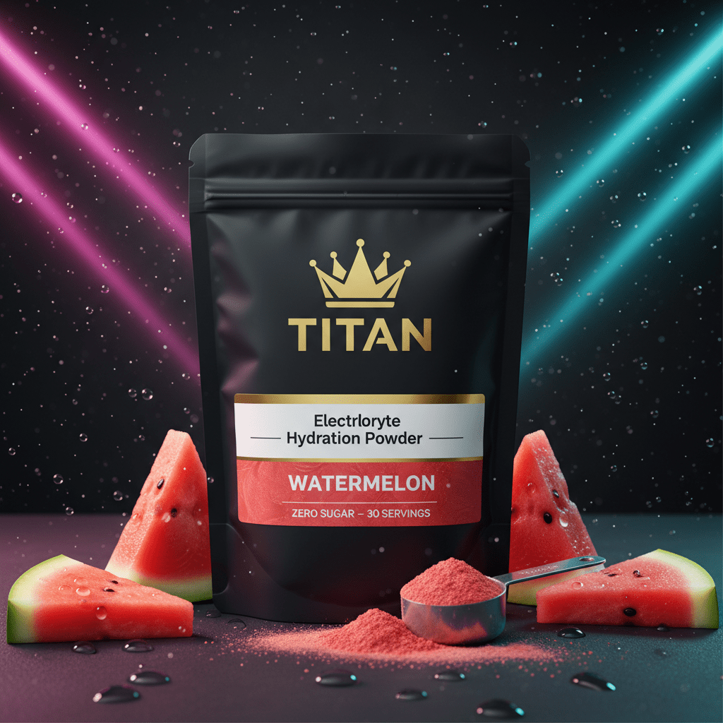 TITAN Electrolyte Hydration Powder Watermelon — Matte black bag with gold crown, pink powder and fresh watermelon slices
