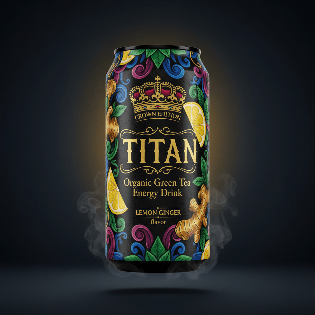 TITAN Organic Green Tea Energy Drink — Lemon Ginger, Crown Edition tattoo-style artwork