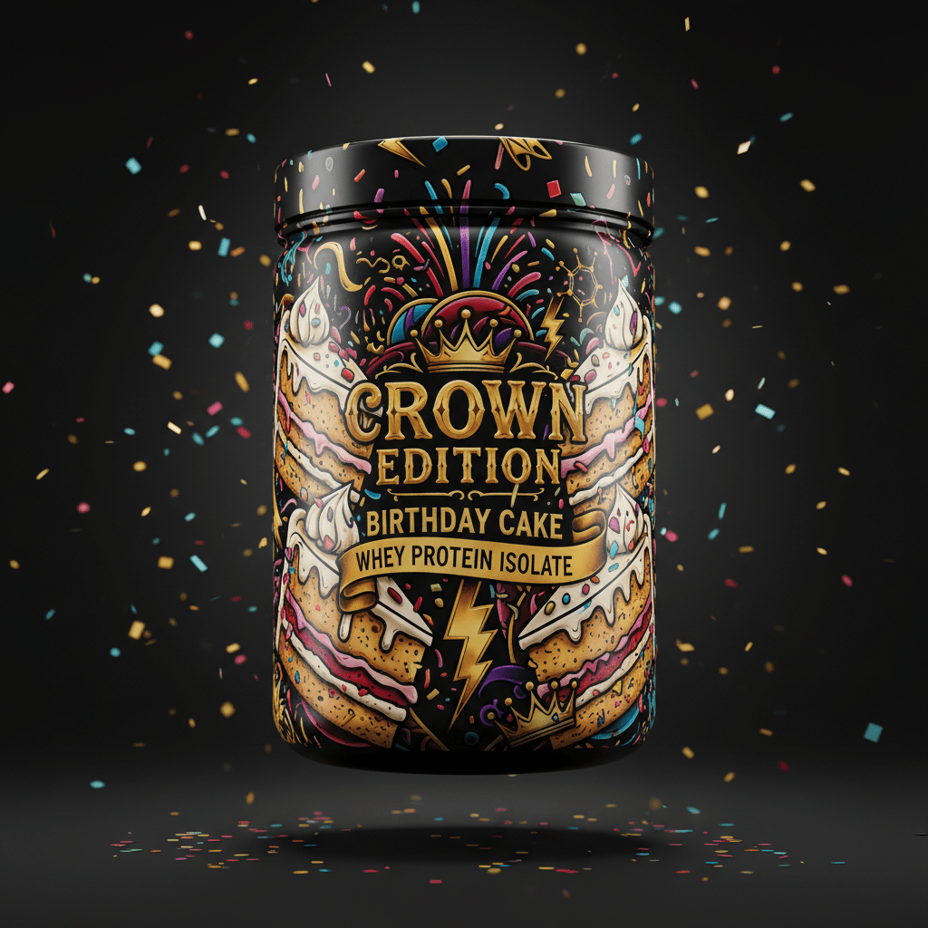 TITAN Whey Protein Isolate Birthday Cake — Crown Edition bold tattoo-style artwork