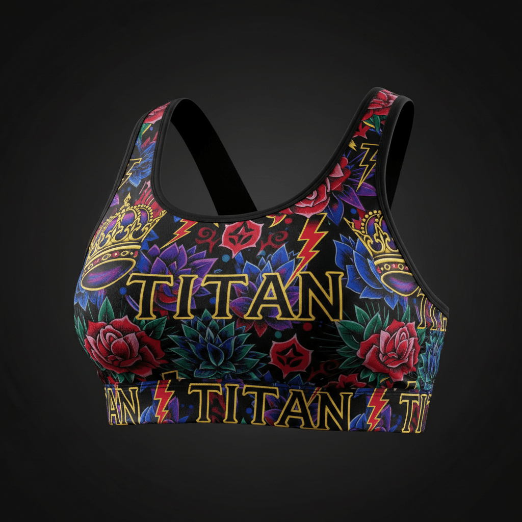 TITAN All-Over Print Sports Bra — Crown Edition bold edge-to-edge sublimation print