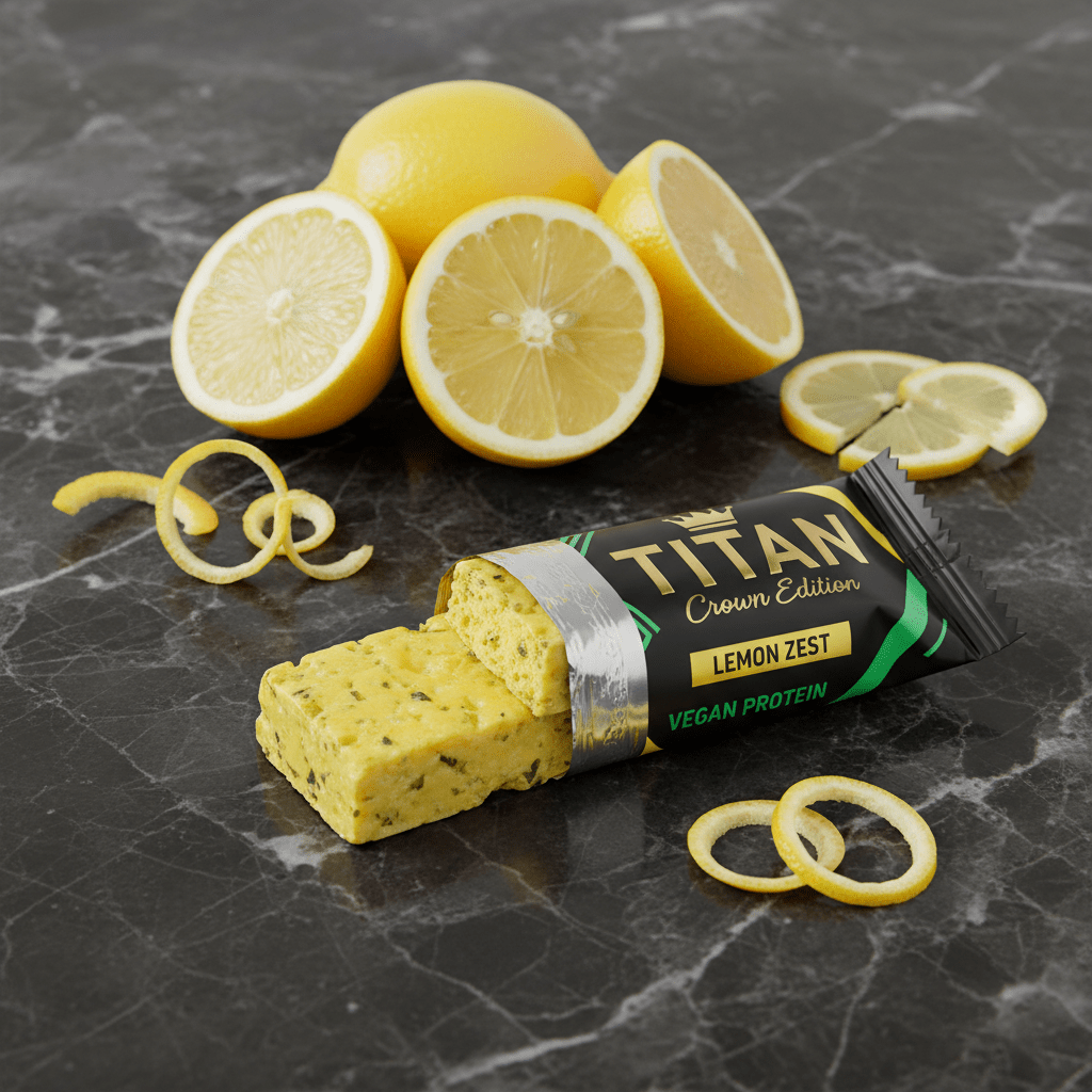 TITAN Vegan Protein Bar Lemon Zest Crown Edition — 20g protein real lemon citrus vegan product shot