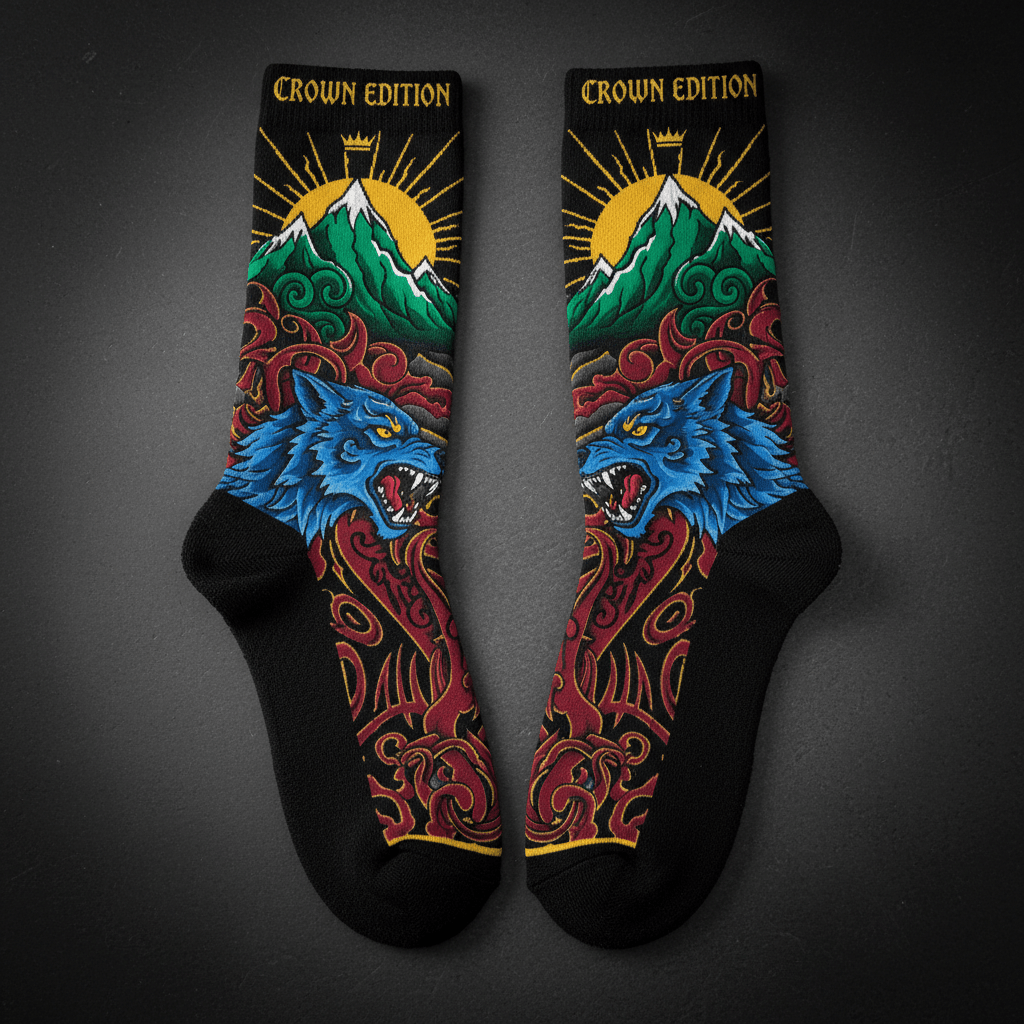 TITAN Crown Edition Tattoo Art Cushioned Hiking Socks - bold colorful tattoo artwork on matte black fabric