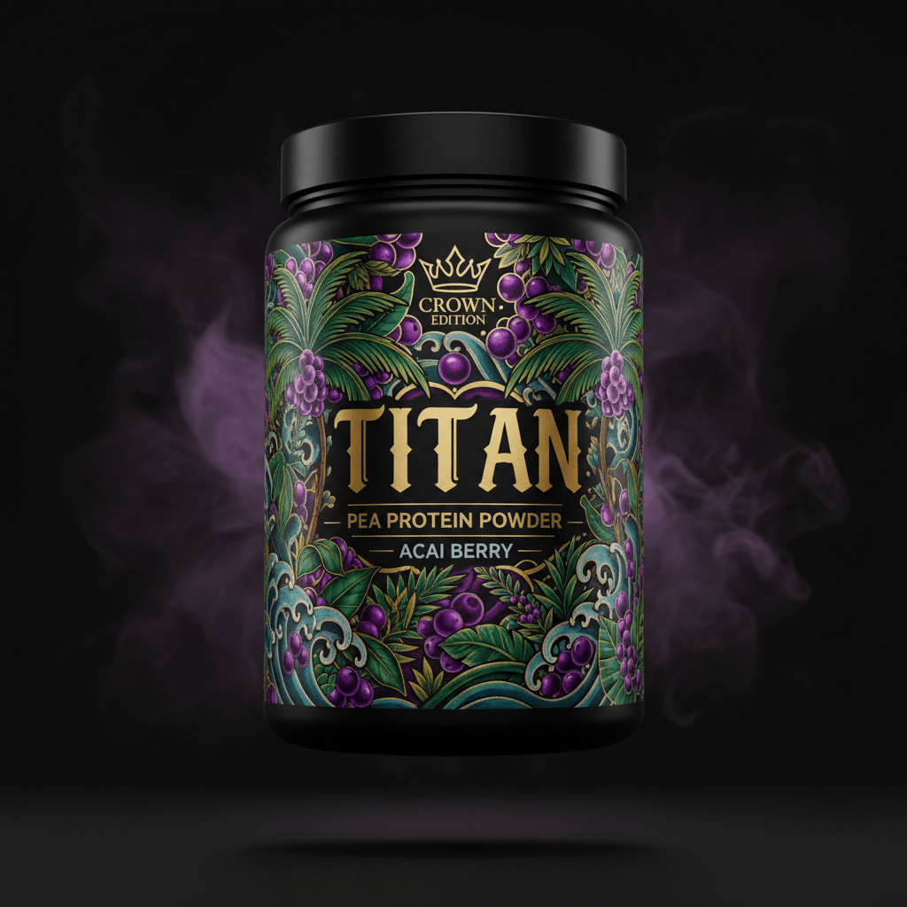 TITAN Pea Protein Powder — Acai Berry, Crown Edition tattoo-style artwork