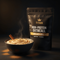 TITAN High-Protein Oatmeal Cinnamon Roll — Matte black bag with gold crown, warm oatmeal bowl and cinnamon stick