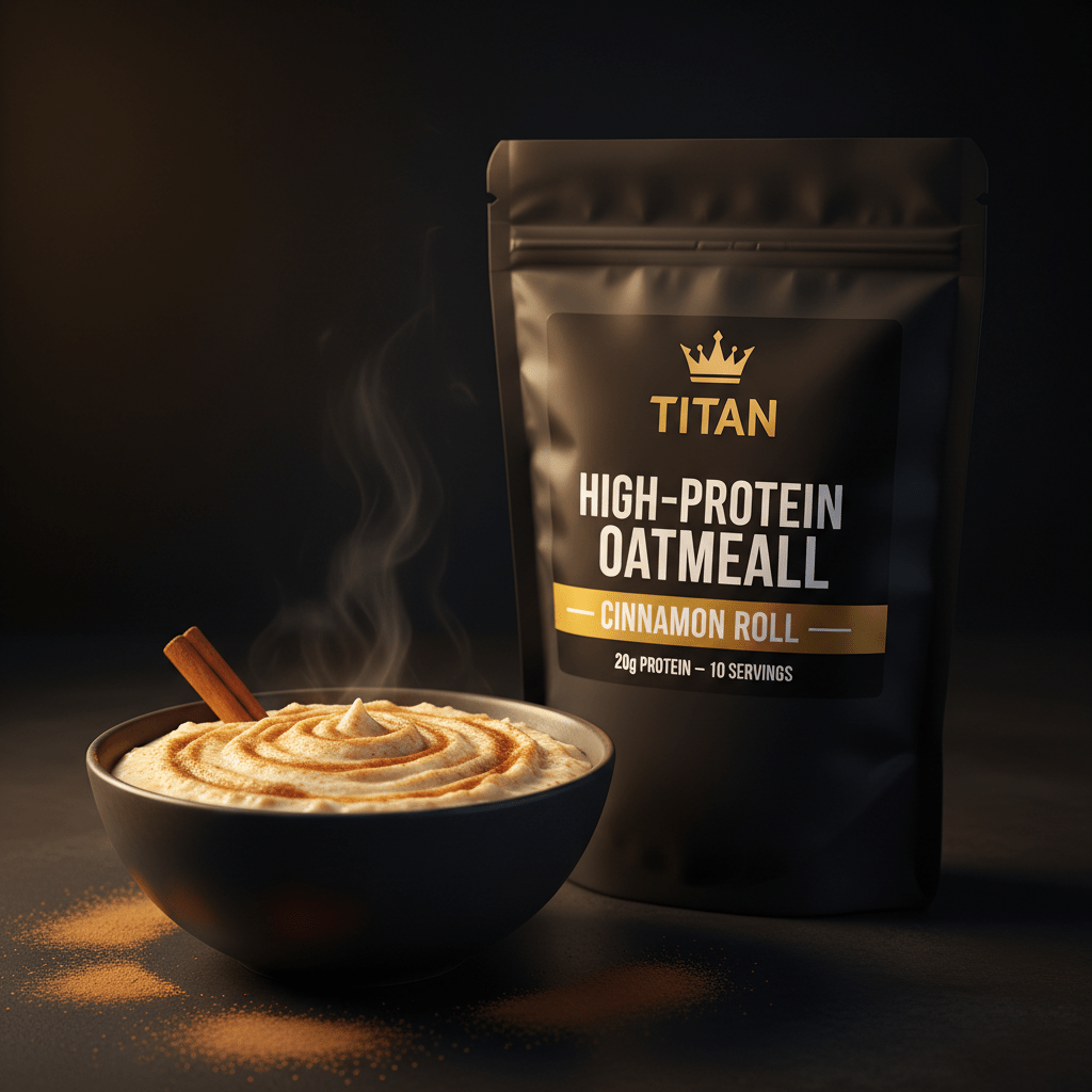 TITAN High-Protein Oatmeal Cinnamon Roll — Matte black bag with gold crown, warm oatmeal bowl and cinnamon stick