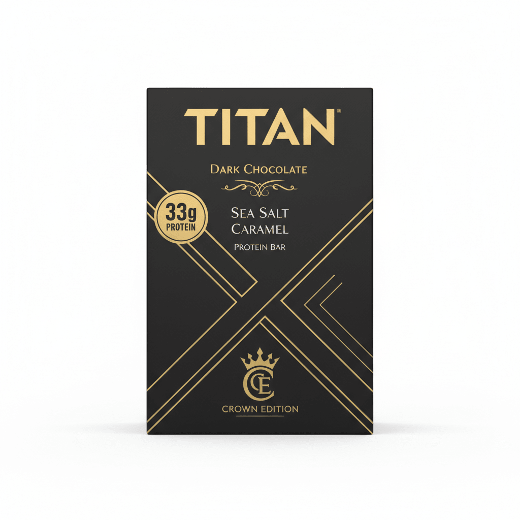 TITAN Dark Chocolate Sea Salt Caramel Protein Bar Crown Edition packaging