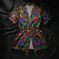 TITAN Crown Edition Tattoo Art Women's Lounge Short Robe - bold butterfly tropics tattoo artwork on matte black satin