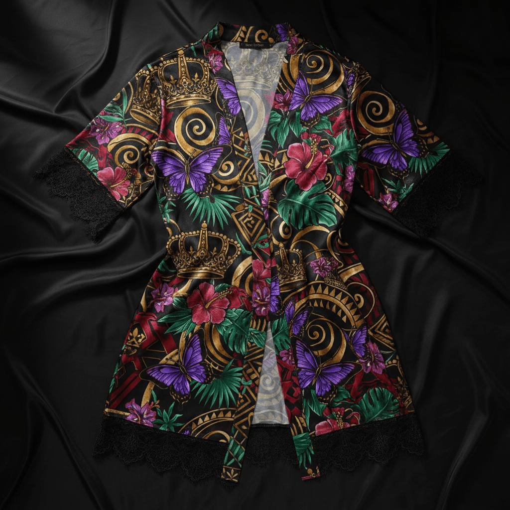 TITAN Crown Edition Tattoo Art Women's Lounge Short Robe - bold butterfly tropics tattoo artwork on matte black satin