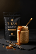 TITAN Clean Protein Pudding Mix Vanilla Caramel — luxurious close-up spoon shot with caramel drizzle and vanilla bean