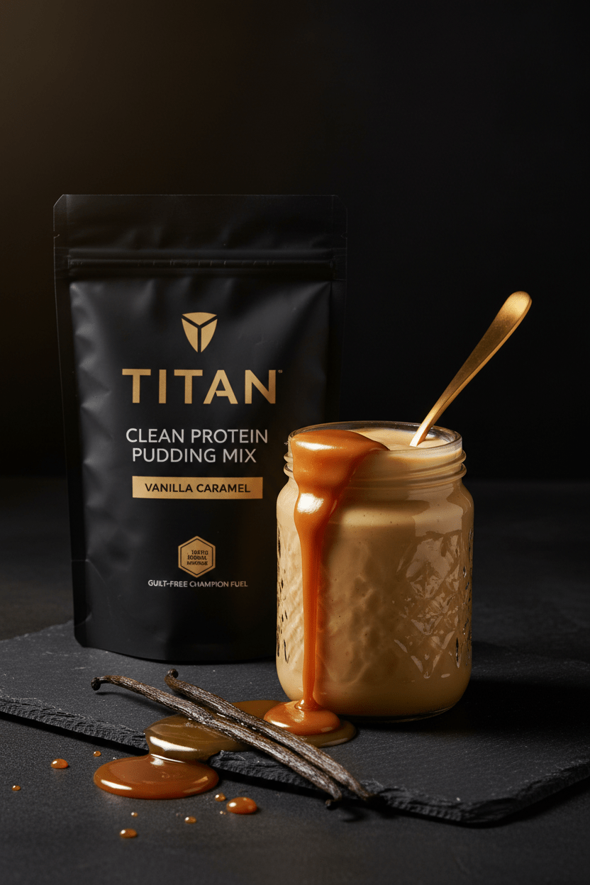 TITAN Clean Protein Pudding Mix Vanilla Caramel — luxurious close-up spoon shot with caramel drizzle and vanilla bean