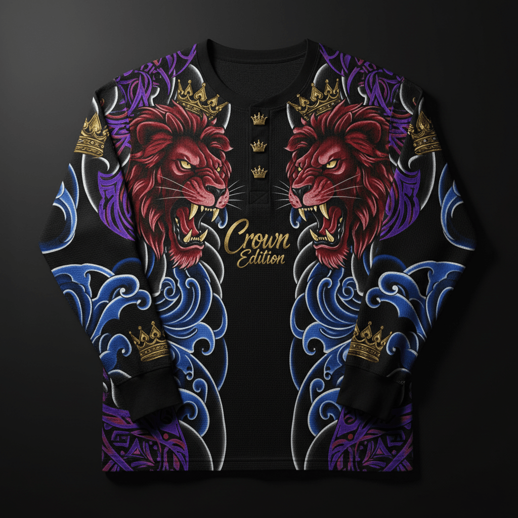 TITAN Crown Edition Tattoo Art Men's Lounge Thermal Henley - bold lion wave tattoo artwork on matte black waffle knit